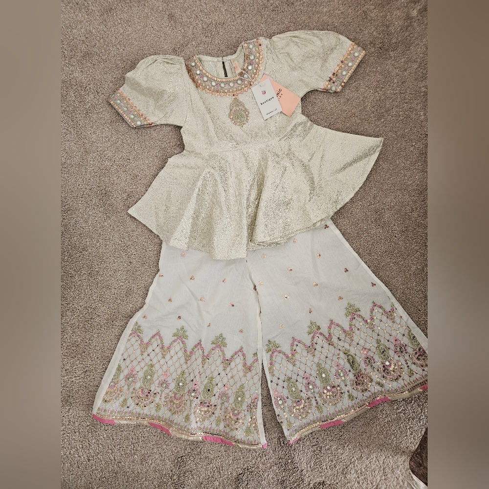 Girl's Embroidered Peplum Top & Wide-Leg Pants Set
